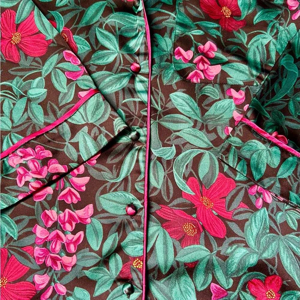 Ann Taylor Dark Green, Pink Tropical Floral Pajama Set, Size M - Picture 5 of 15